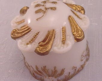 Milk Glass Box. Dithridge Ray End Antique Dresser or Vanity Jar w Lid & Hand Painted Gold Enamel. Covered Pin or Puff Box. Unique Gift. qLwa