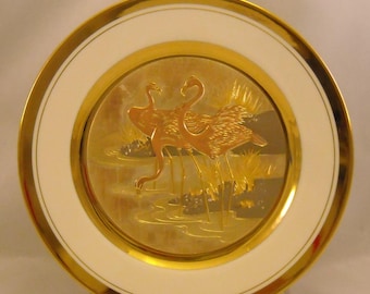 Vintage The Art of Chokin Plate. Japanese Metallic Dish w Stork Bird Trio in Pond, 24 KT Gold Gilt, and Porcelain. Vintage Hunter Gift. qdqa