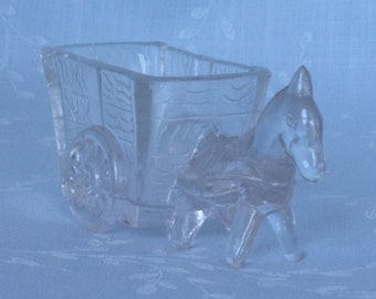 Vintage Clear Glass Toothpick Holder or Small Trinket Dish. 1930s Kemple Horse, Pony, Donkey, or Mule Pulling Cart. Gift for Collector. Udcb