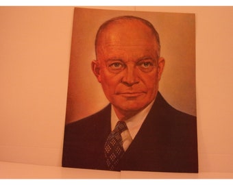 1970s Portraits of the Presidents. 34th Pres Dwight D Eisenhower Vintage Color Poster & Educational Text. Cool Gift for Vintage Lover. 34sc