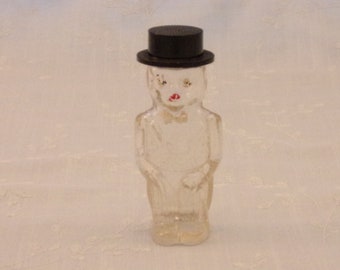 Vintage Figural Charlie McCarthy 1940s Perfume or Cologne Bottle w Black Plastic Bake Lite Top Hat, Tuxedo, & Monacle. Gift. vg9b s297