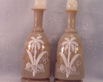 2 Milk Glass Antique Dresser Decanters w Replaced Stoppers. Bohemian, Referred to as Bristol Bottles in Chocolate Color. Vintage Gift.  rcga