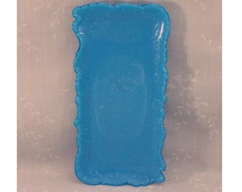 Dithridge Opaque Turquoise Blue Milk Glass Oblong Antique Vanity Tray or Victorian Dresser Trinket Dish w Irregular Scroll Edge & Slag. Rbha