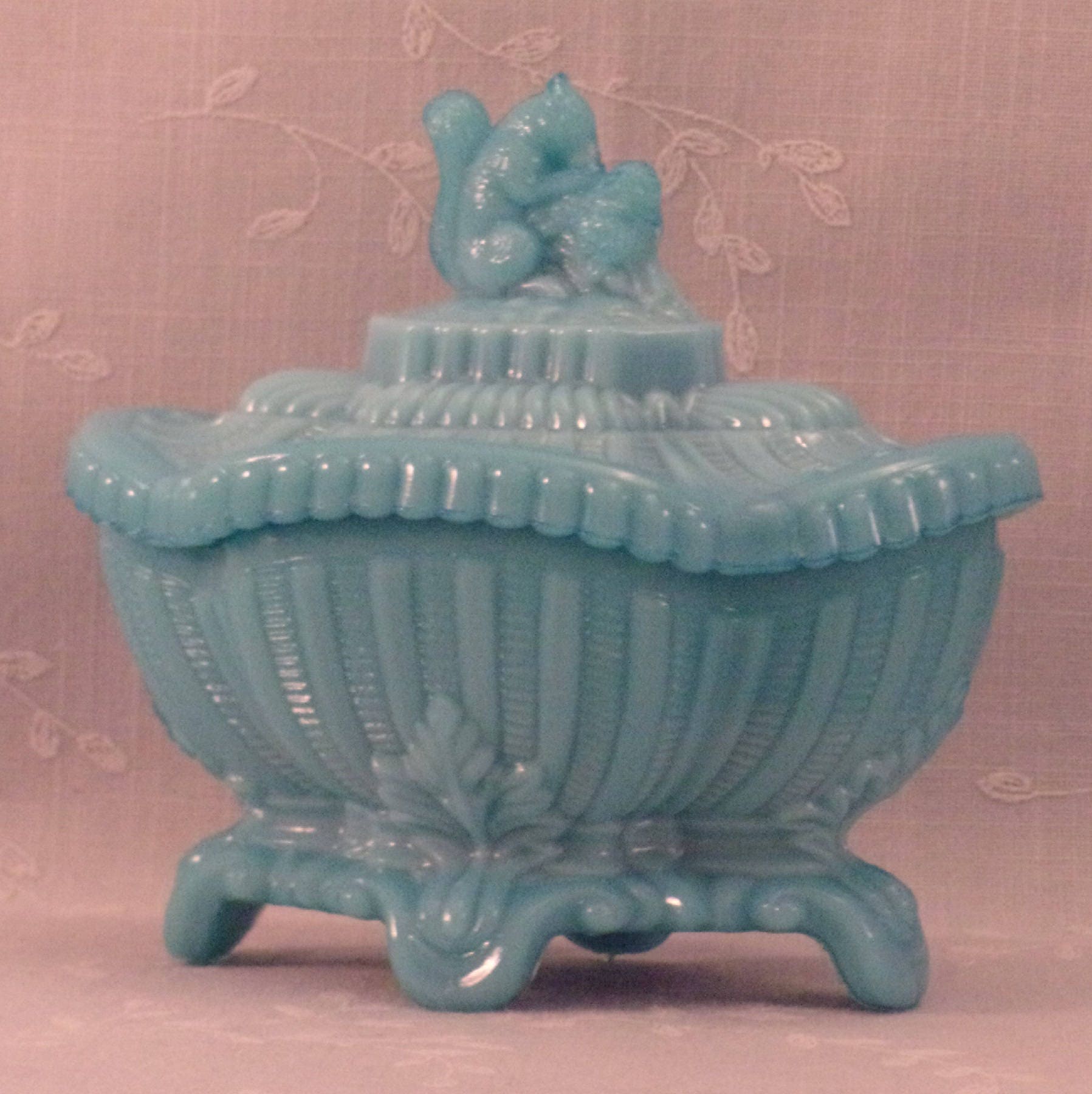 Portieux Vallerysthal Blue Milk Glass Squirrel Candy Dish w Lid. Rcba