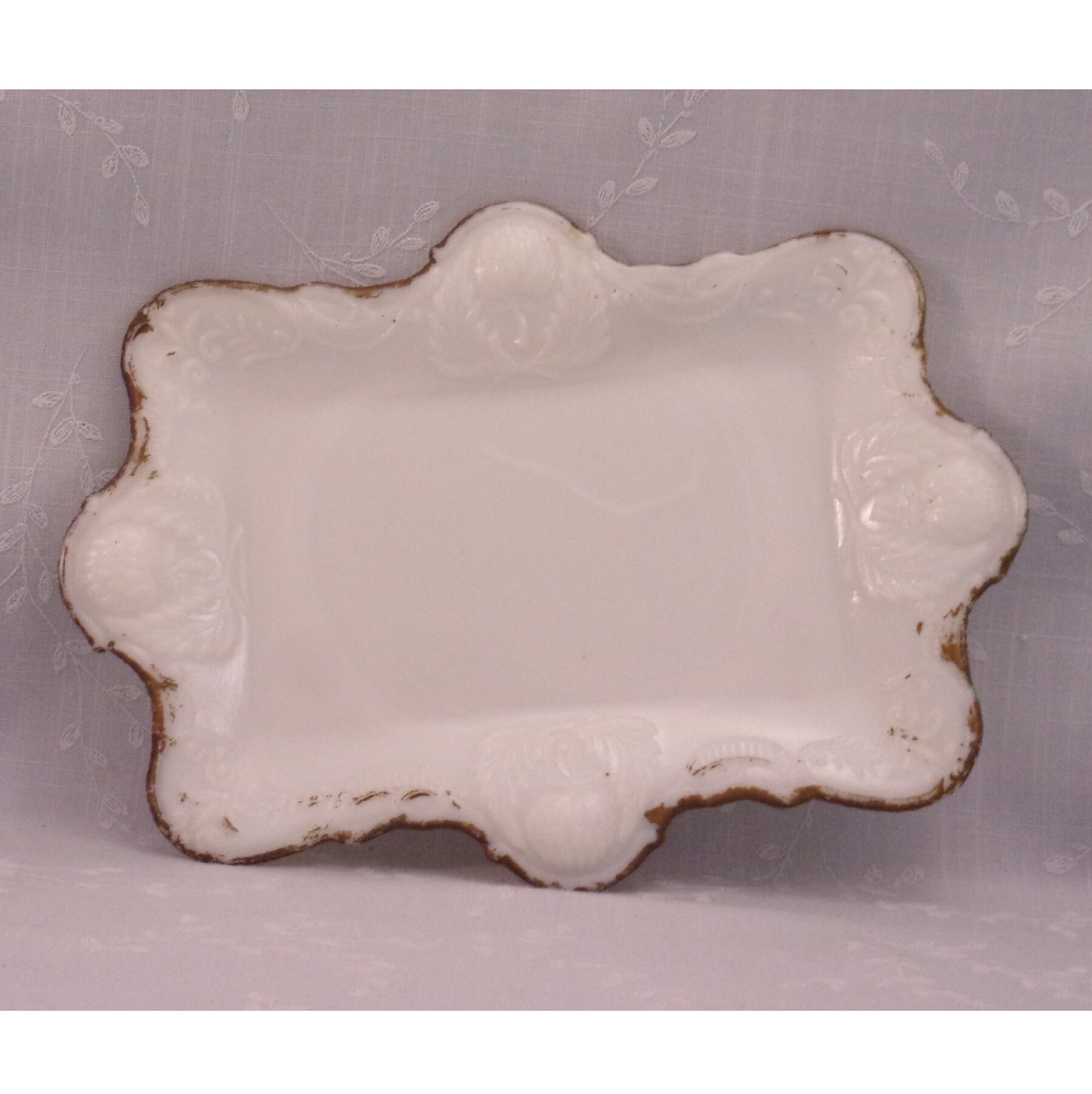 Milk Glass Antique Vanity Tray. Victorian Opaline Rectangular Clover