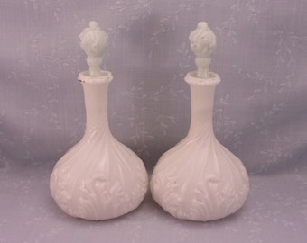 2 Mt Washington Milk Glass Vanity Decanters w Flame Stoppers. Antique Old Cologne Bottles w Swirled Base & Leaf Design. Cool Gift. Ri7b