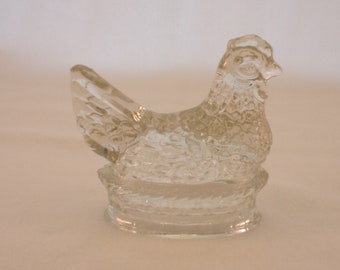 Vintage Figural Glass Candy Container. 1970s Large Chicken on the Oval Nest or Woven Basket w Wax Remnants on Open Base. Gift. Vhib ea149r