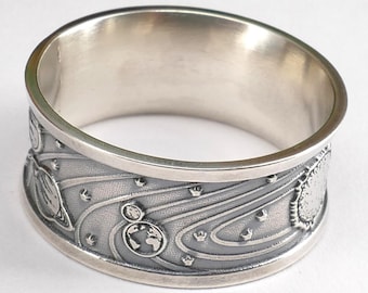 Solar system Ring, Sterling Silver Sun and Planets space ring with Spinner