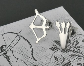 Bow and Arrow Archer Stud Earrings, Sterling Silver Quiver and Arrows Archery Earrings