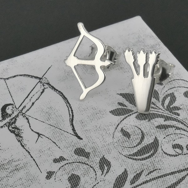 Bow and Arrow Archer Stud Earrings, Sterling Silver Quiver and Arrows Archery Earrings