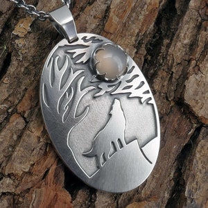Silver and Moonstone Wolf Pendant - Wolf Howling at the Moon