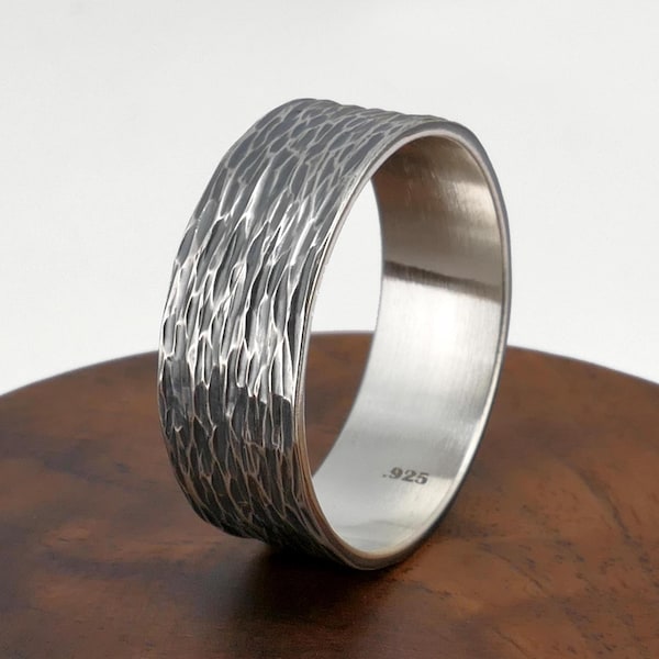Hammered Oxidized Sterling Silver Ring, Ridged Tree Bark Pattern