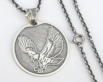 Silver Eagle pendant, feathers and bird 925 necklace