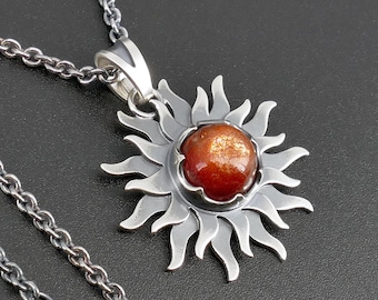 Silver Sun Pendant, Celestial Sunstone necklace on chain