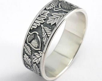 Oak Leaf and Acorn Silver Ring, Sterling Leafy Band