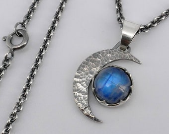 Silver Moon Pendant, Celestial Lunar Moonstone necklace on chain