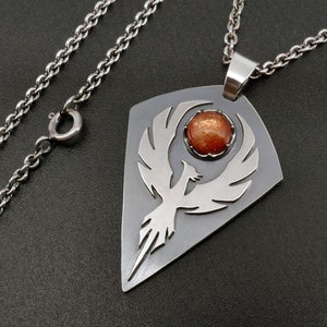 Silver Phoenix Sunstone Necklace, Shield Shaped Fire Bird Pendant with Optional Custom Engraving