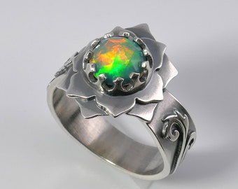 Opal Silver Ring, Lotus Flower with Ethiopian Fire Opal