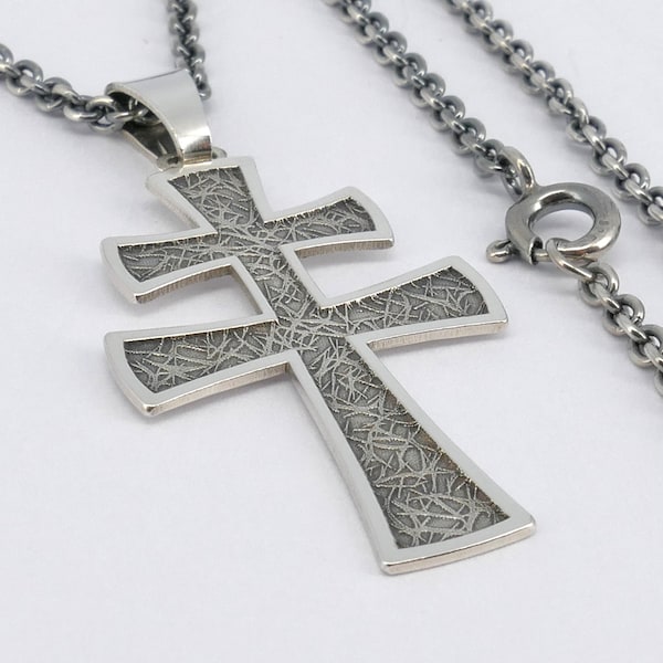 Double Cross textured silver pendant, two-barred cross