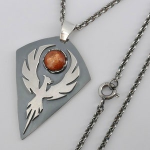 Silver Phoenix Sunstone Necklace, Shield Shaped Fire Bird Pendant with Optional Custom Engraving