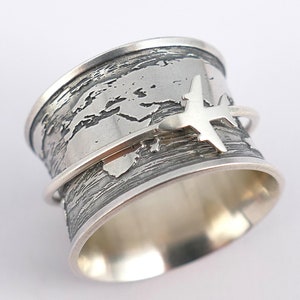 Earth Map-ring, brede zilveren spinnerring met meerdere spinnerthema's en aangepaste keuzes, op maat gegraveerd binnenin