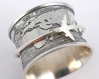 Earth Map Spinner Ring: Custom Engraved Sterling Silver Travel Ring with Multiple Spinners