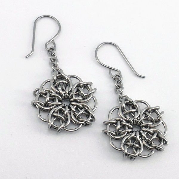Celtic Flowers - Surgical Steel and Anodized Titanium Chainmail Earrings