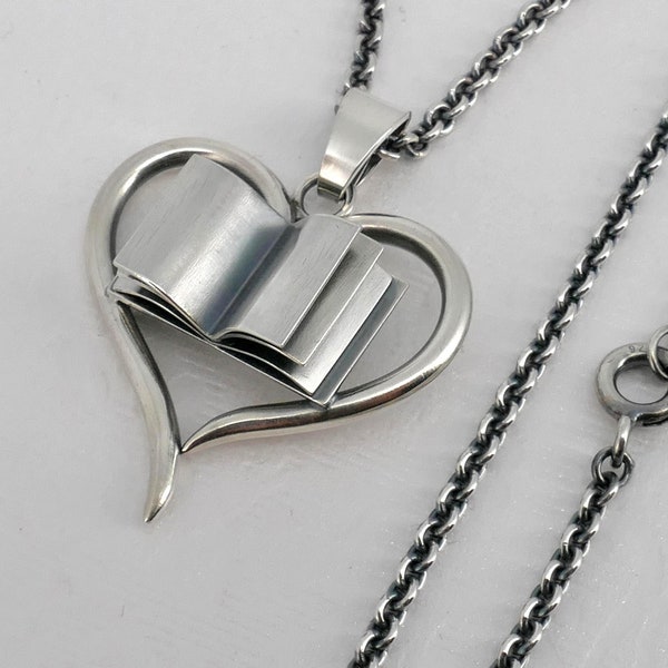 Book Pendant on a Chain, Sterling Silver Gift for Book Lovers