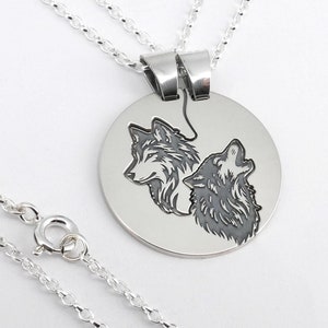 Two Silver Wolf Pendants - Set, Couple's Engraved Necklaces fitting into each other