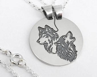 Two Silver Wolf Pendants - Set, Couple's Engraved Necklaces fitting into each other