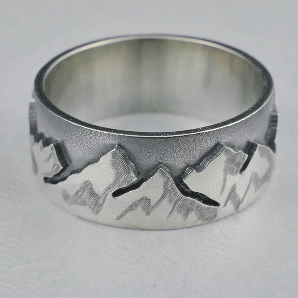 Sterling Silver Mountain Range Ring, Oxidised and Polished Sierra Ring