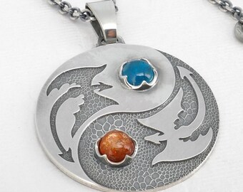 Silver Dragon Pendant, Yin Yang Fire and Ice Necklace with personalized engraving