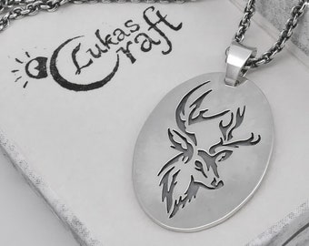 Sterling Silver Stag Deer Pendant on a Chain in Tribal Ornamented Style