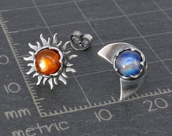 Sunstone Moonstone Studs, Sun and Moon, Silver Gold Earrings, Celestial Bodies