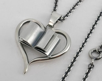 Engraved Book Pendant on a Chain, Sterling Silver Gift for Book Lovers