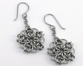 Celtic Flowers - Surgical Steel and Anodized Titanium Chainmail Earrings