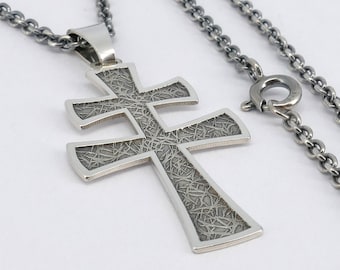 Double Cross textured silver pendant, two-barred cross