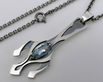 Topaz Sterling Silver Pendant, Blue Gemstone Trident necklace