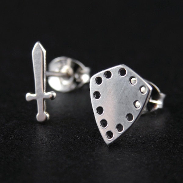 Sterling Silver Sword and Shield Earrings, Knight's studs