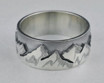 Sterling Silver Mountain Range Ring, Oxidised and Polished Sierra Ring