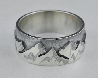 Sterling Silver Mountain Range Ring, Geoxideerde en gepolijste Sierra Ring