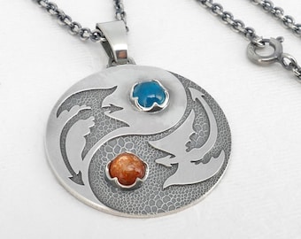 Silver Dragon Pendant, Yin-Yang Fire and Ice Necklace