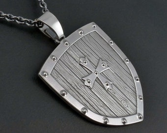 Silver shield pendant, wood effect 925 protection necklace