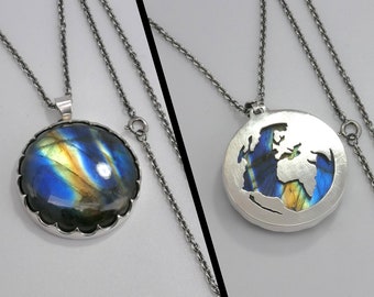 Earth Labradorite Silver Pendant, Large Handmade two-sided Globe