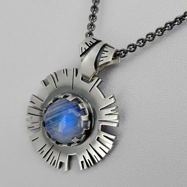 Sentience - Silver Moonstone Pendant on a Chain, Sci-fi themed A.I. necklace