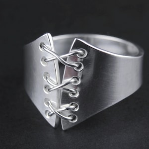 Silver Corset Lace-Up Ring, Handcrafted victorian Ring