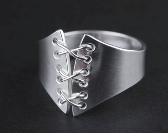 Sterling Silver Corset Lace-Up Ring, Hand-Crafted Ring