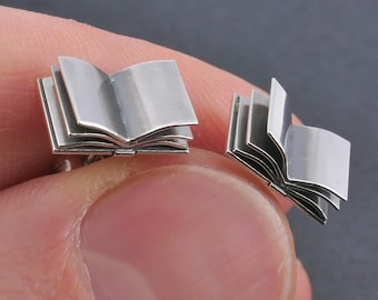 Open Book Silver Stud Earrings, Engraved Personalized Text Available, yellow and rose gold plated finish possible