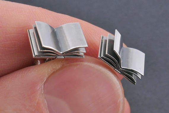 Open Book Silver Stud Earrings, Engraved Personalized Text Available, yellow and rose gold plated finish possible