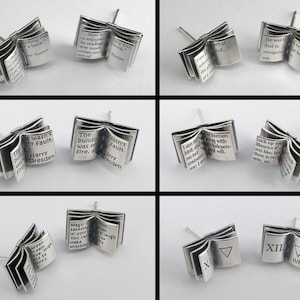 May include: A set of silver book-shaped earrings with various quotes and text printed on the pages. The quotes include "It wasn't my fault. Door Harry Dresden", "The building was on fire, and", "I am an human being with no respect for the law. I am free. The will", "Lock up your memories if you don't like them. There is no gate. No", "Magic is believing in your dreams. You can make anything happen", "There is nothing than an enjoyment like reading a book", "I saw later the girl of a dream", "He was first to recognize me", "XII", "XI".